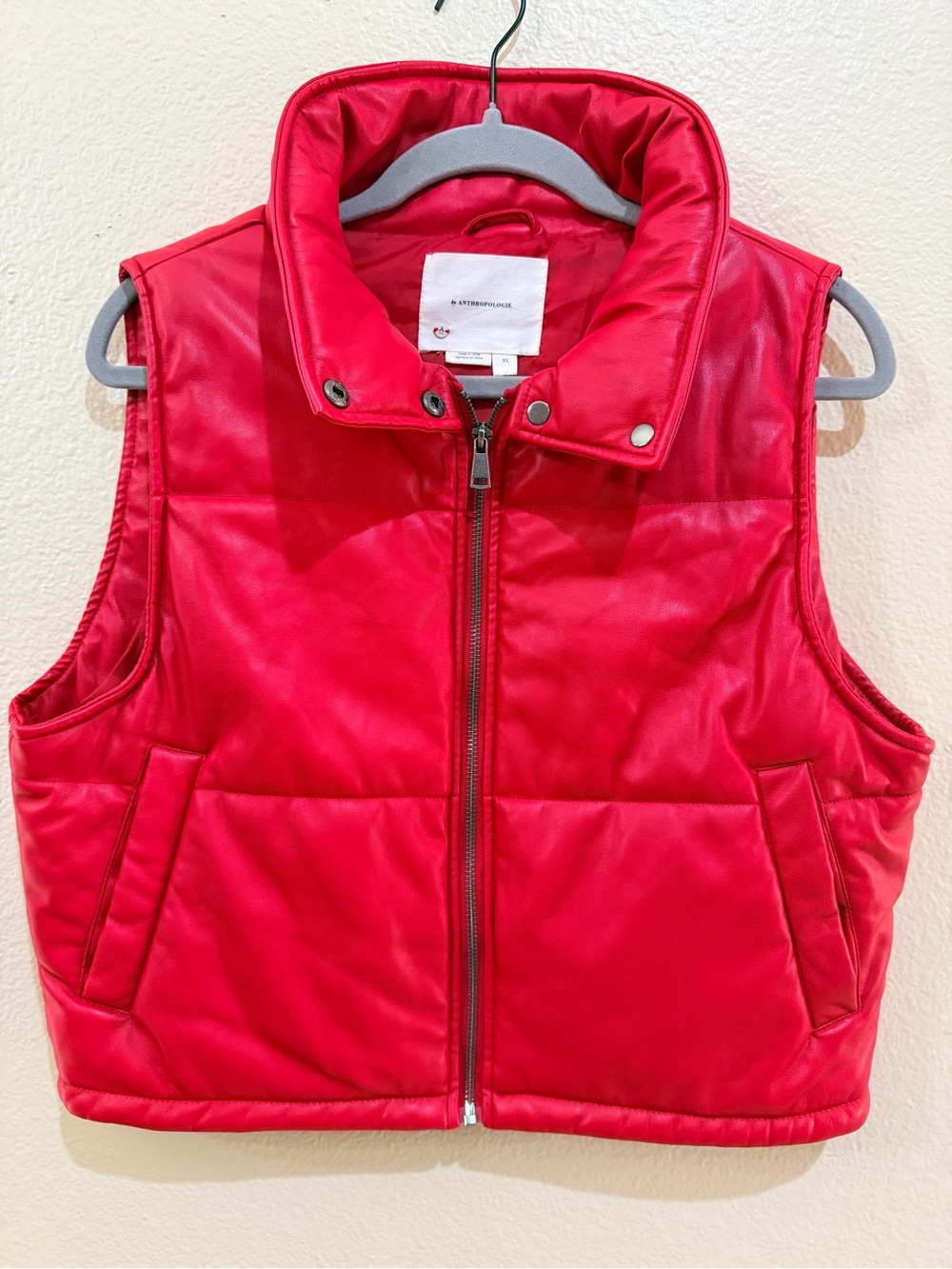 By Anthropologie Faux Leather Puffer Vest Red Cropped XS